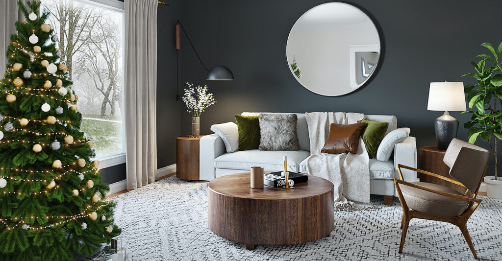 modern mid-century decorated living room at Christmas