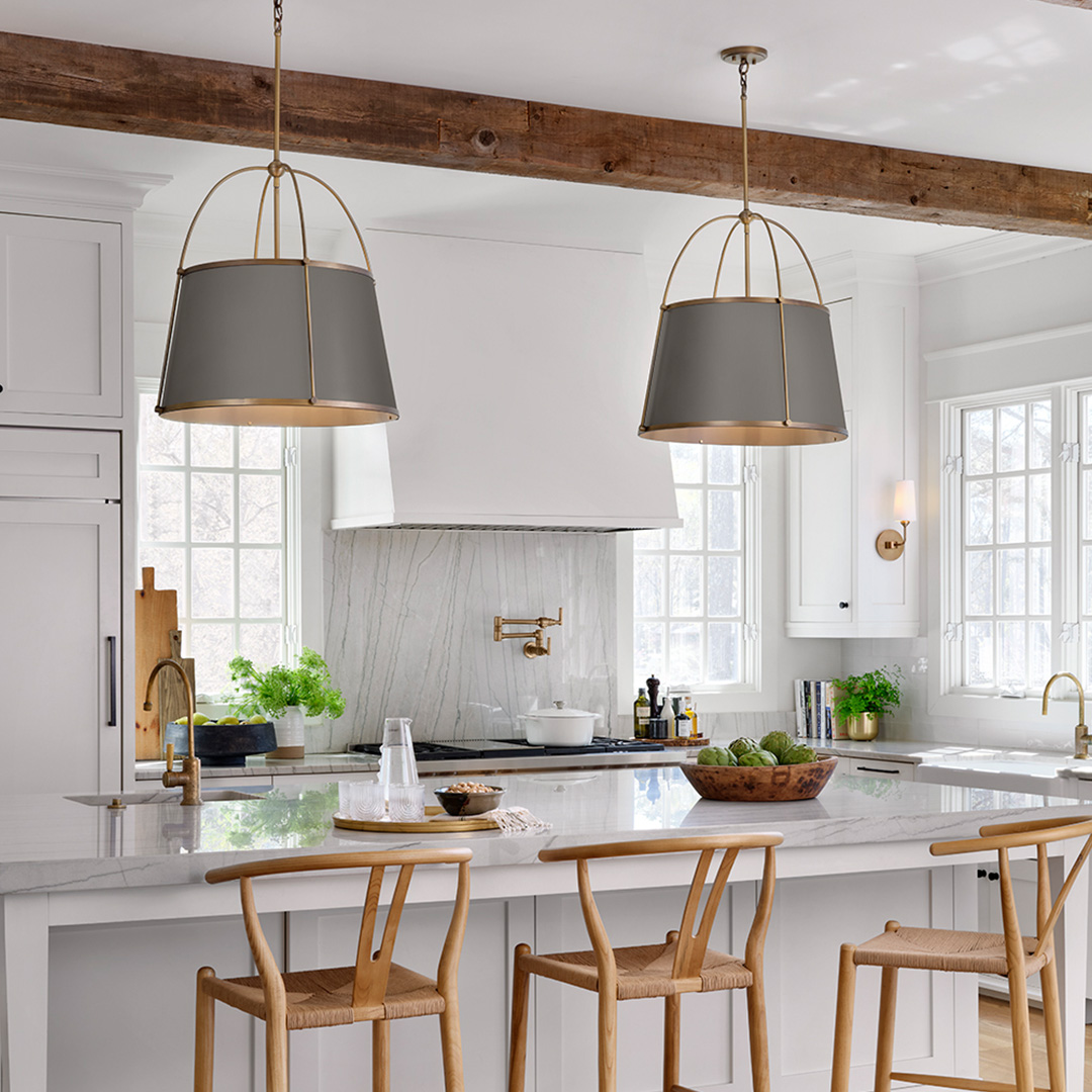 Pendant drum lighting in a kitchen