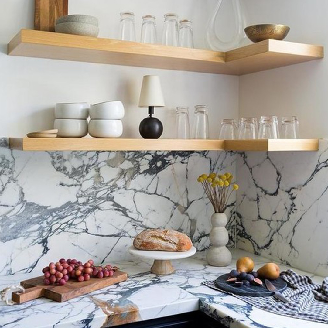 A lamp on kitchen shelves