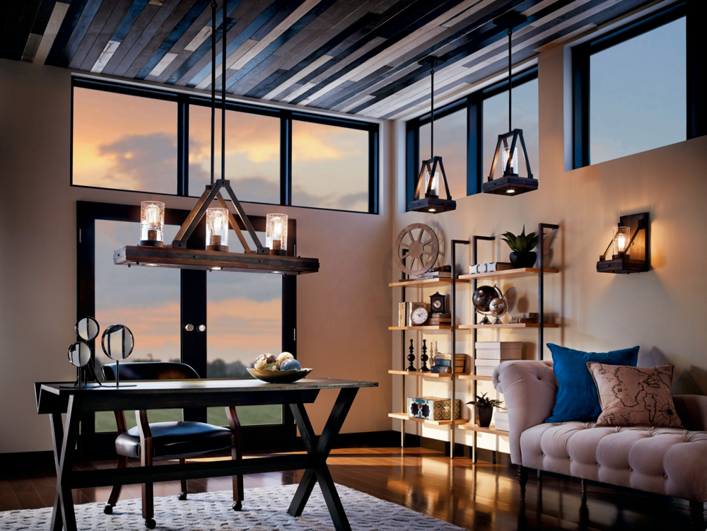 Home office with creative lighting hanging from the ceiling